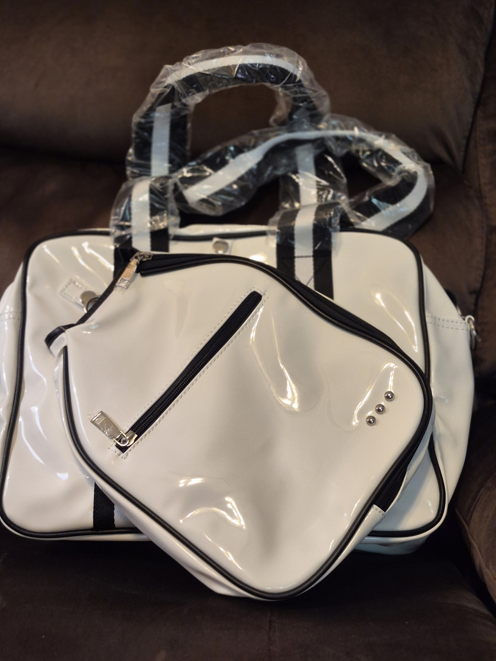 White Patent Tote Bag with Matching Paddle Bag. Stylish Women's Tote